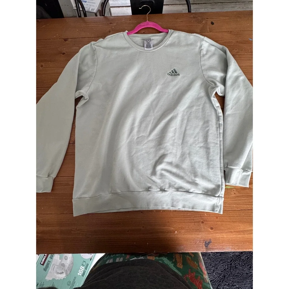 Adidas Mens Crewneck Sweatshirt XL Light Green Fleece Pullover Embroidered‎ Logo